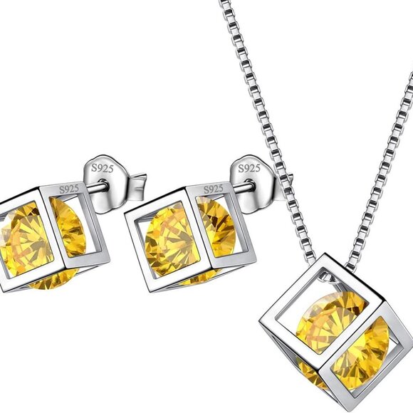 Birthstone Necklace/Earring 925 Sterling Silver Women Cross/3D Cube/Cresent Moon
